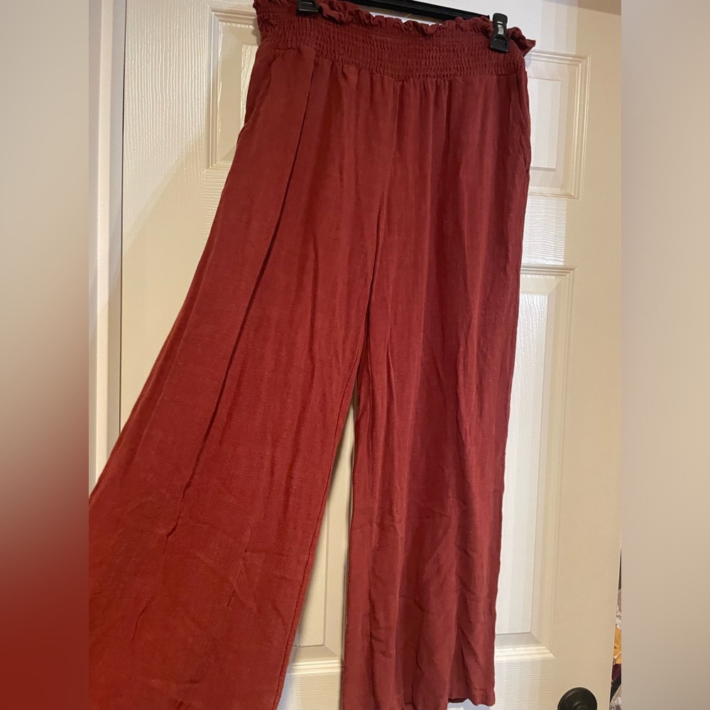 Red wide leg linen pants